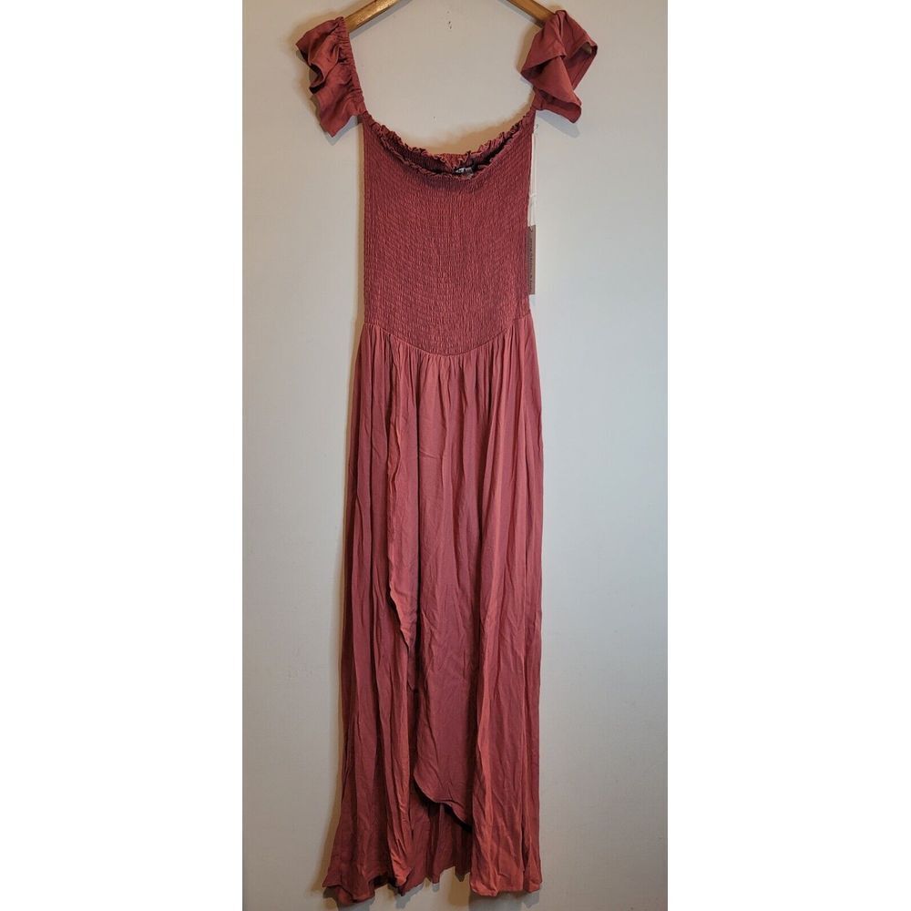 Young Fabulous & Broke‎ Boho Stretch Maxi Dress Dusty Pink Ruched Flutter Sleeve